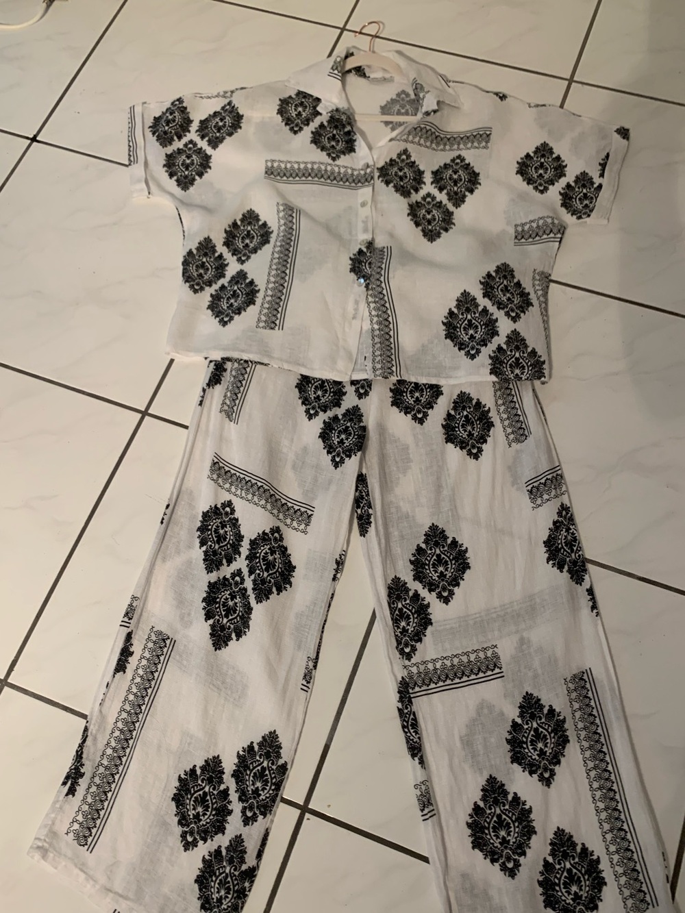 Two-Piece White Set with Black Damask Print. Made IN Italy.